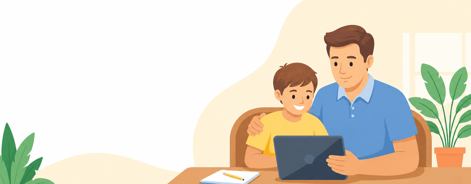 Un parent accompagne son enfant qui apprend sur tablette